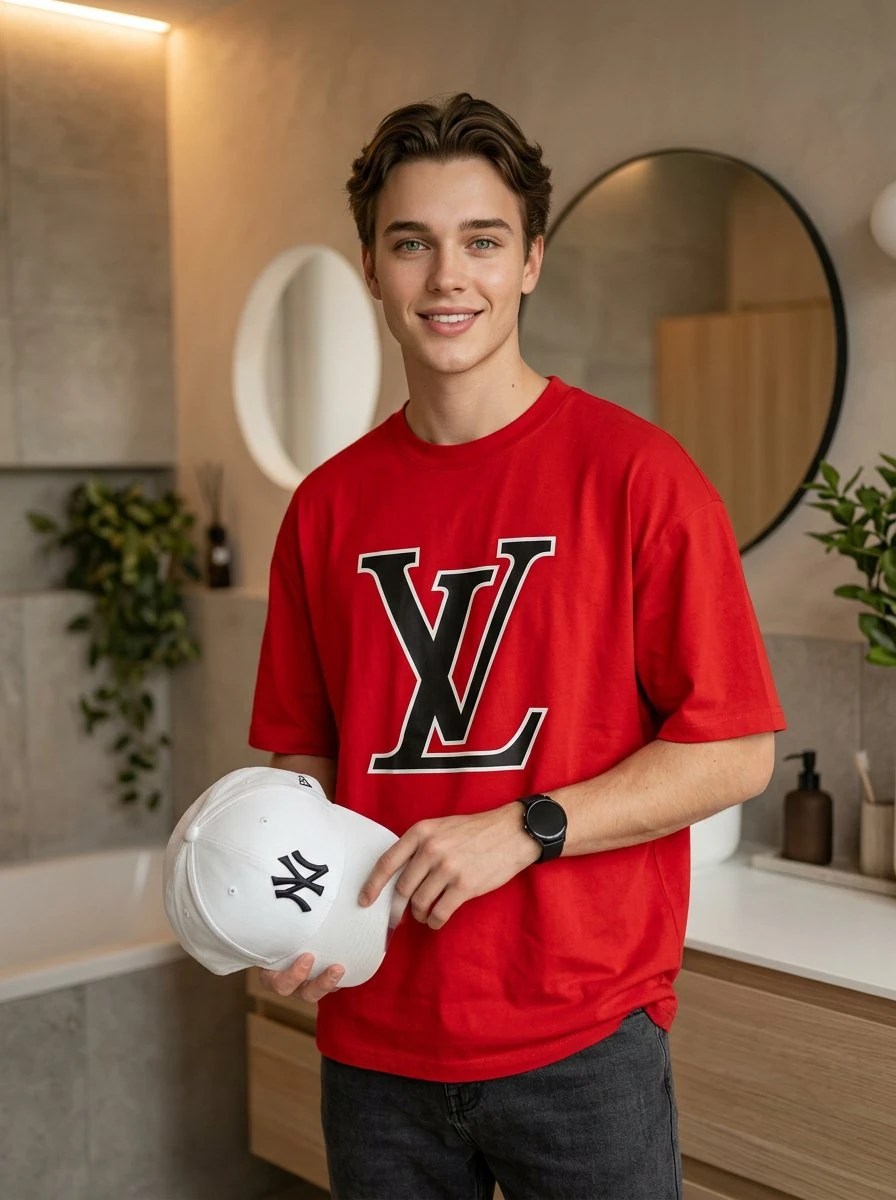 A stylish young man is posing confidently in a warm-toned, minimalistic b...