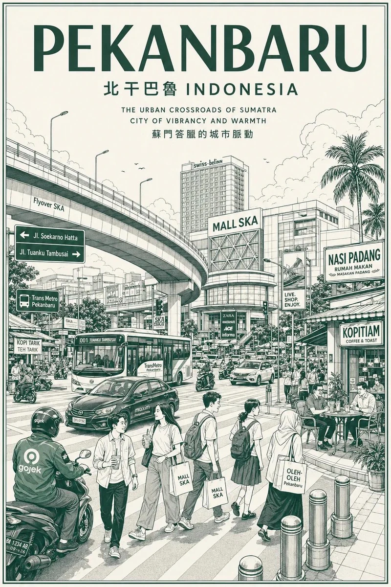Vintage monochrome city travel poster illustration, detailed urban sketch...
