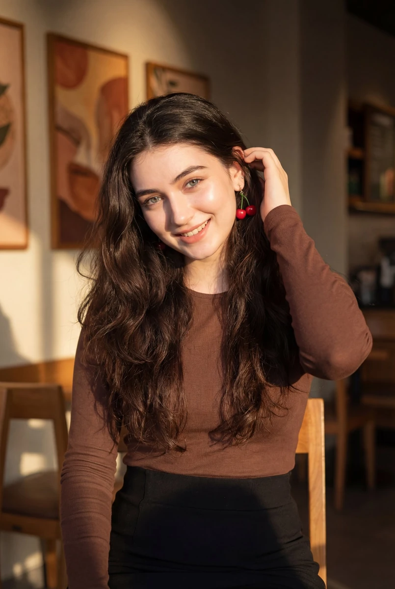 Portrait of a smiling young woman with long wavy dark brown hair, tilting...