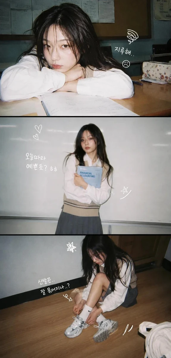 A vertical 3-panel college photo strip. The subject is a girl with long h...