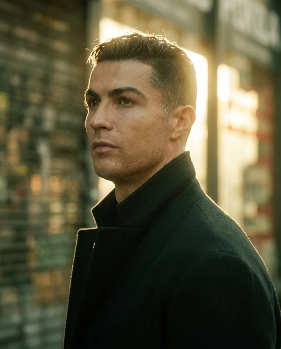 Ultra-cinematic editorial portrait of a world-famous football superstar s...