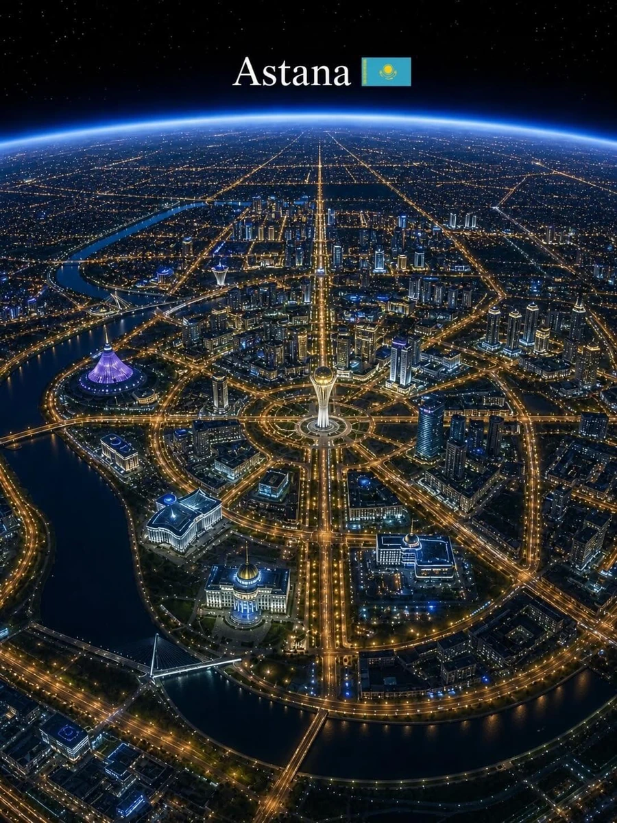 Ultra-realistic cinematic aerial view of a major (CITY NAME)at night from...