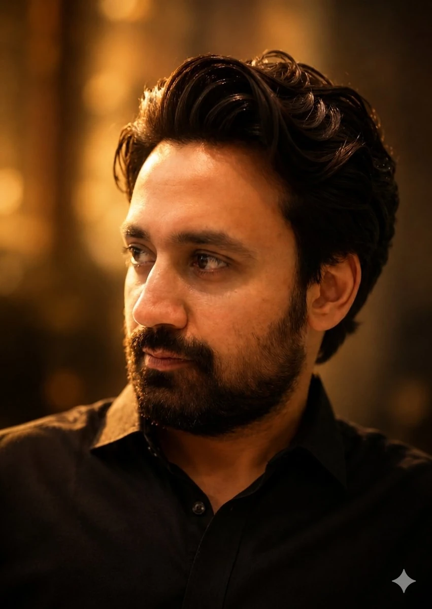A contemplative portrait of a person wearing a dark colored shirt. Preser...