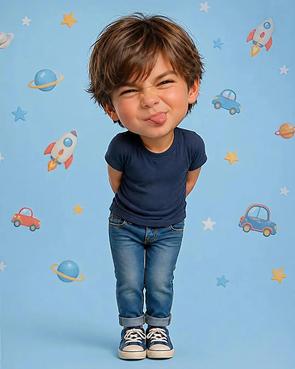 A cute stylized cartoon boy with an oversized head and small body, standi...