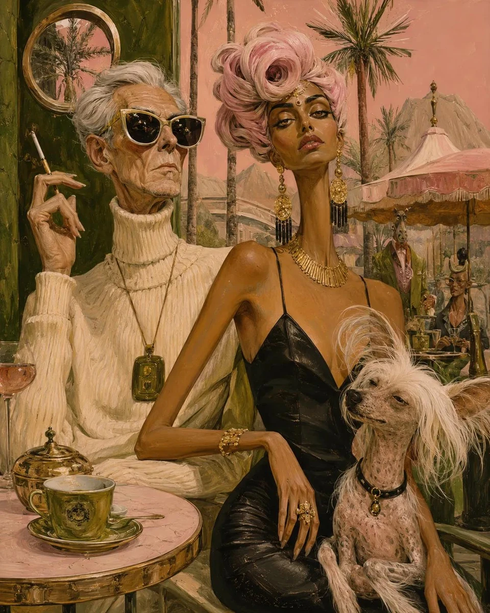 Surreal mid-century editorial illustration of an eccentric [MAN DESCRIPTI...
