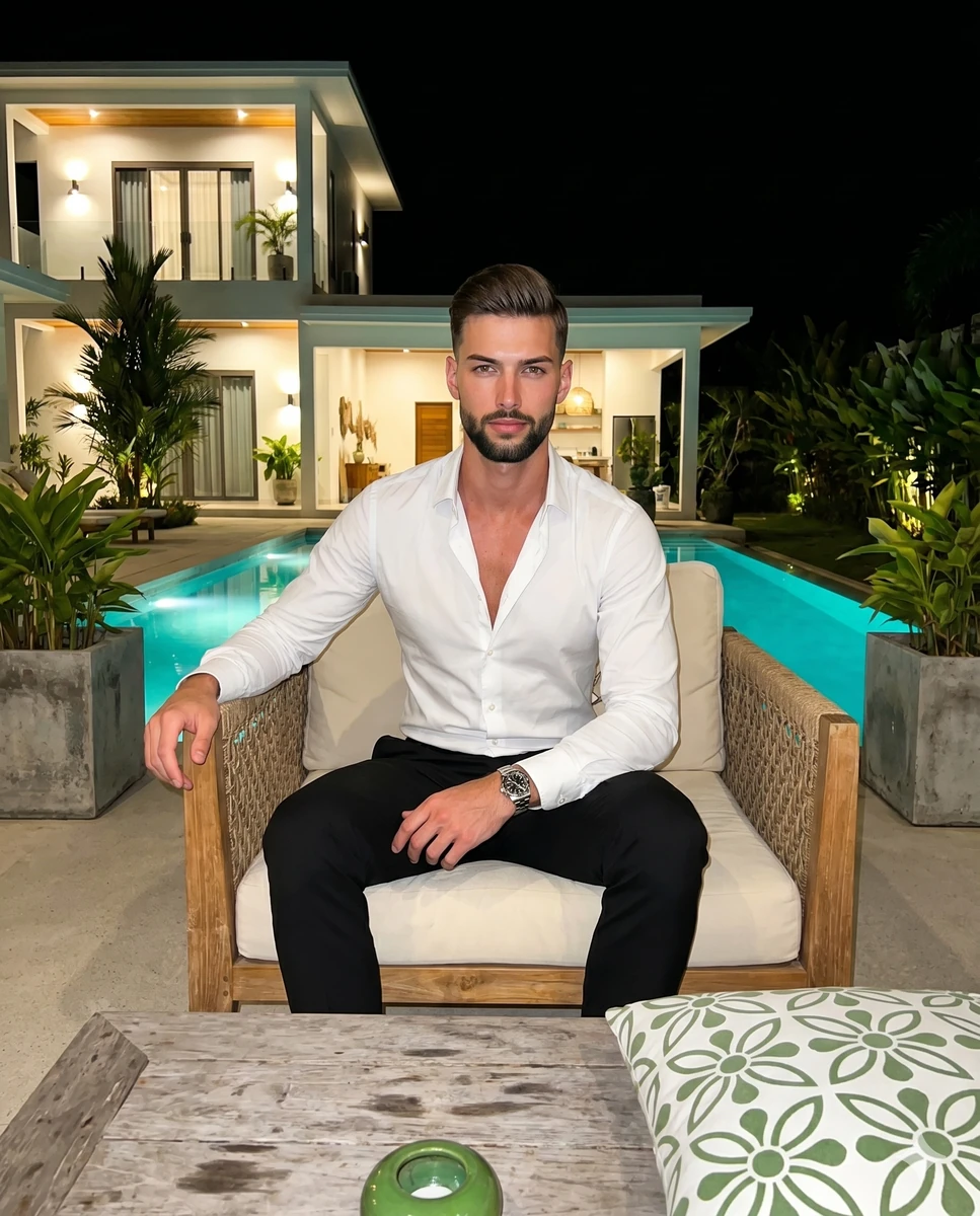 A tanned adult male with a short haircut and sharp fade sits perfectly ce...