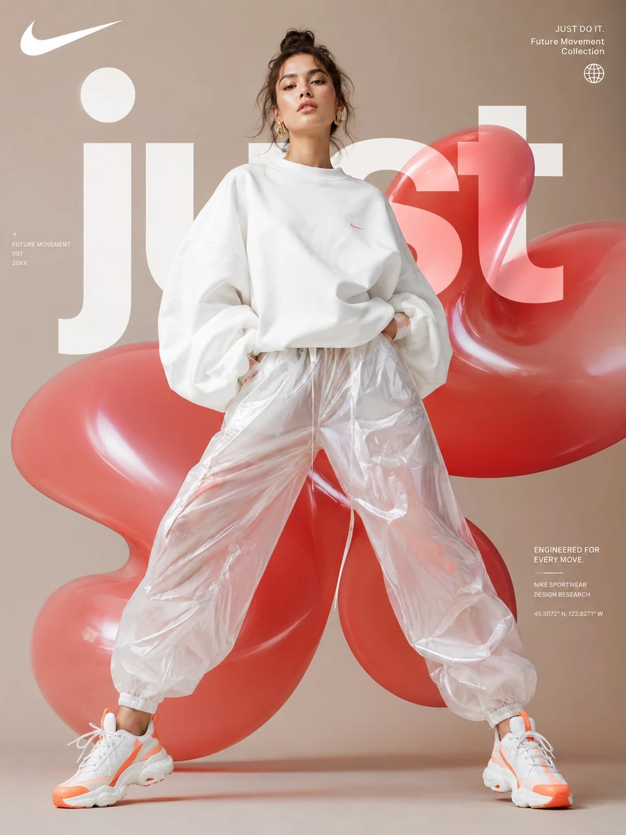 High-fashion futuristic sportswear editorial poster, full-body female mod...