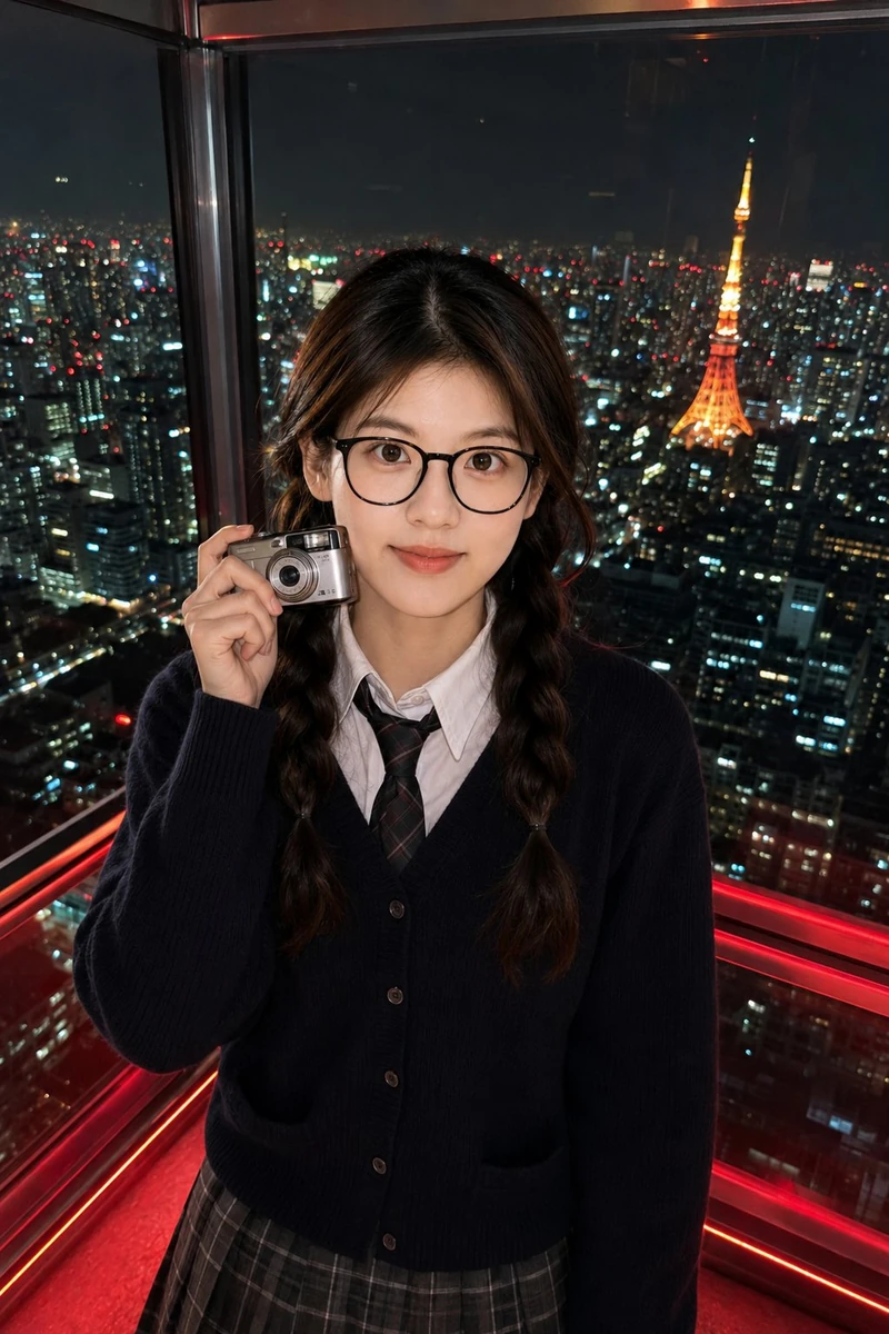 Tokyo night skyline × JK uniform portrait style