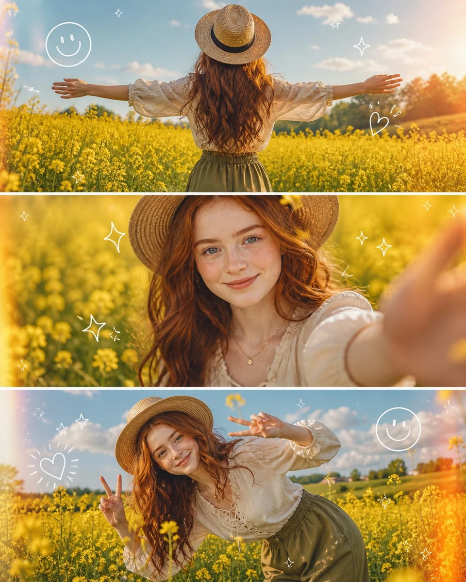 A high-quality 3-panel vertical photo collage of a stunning uploaded woma...
