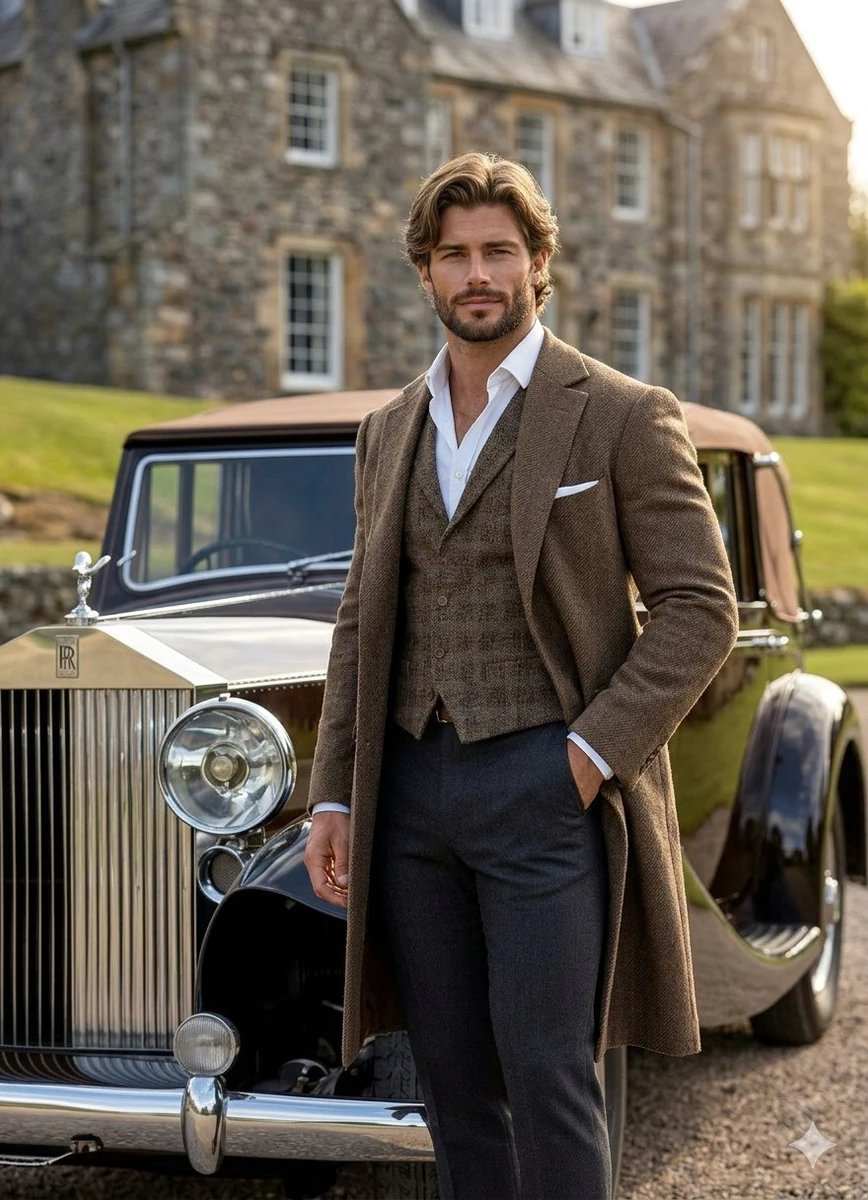A strikingly handsome man in his early 30s with tousled wavy brown hair,...