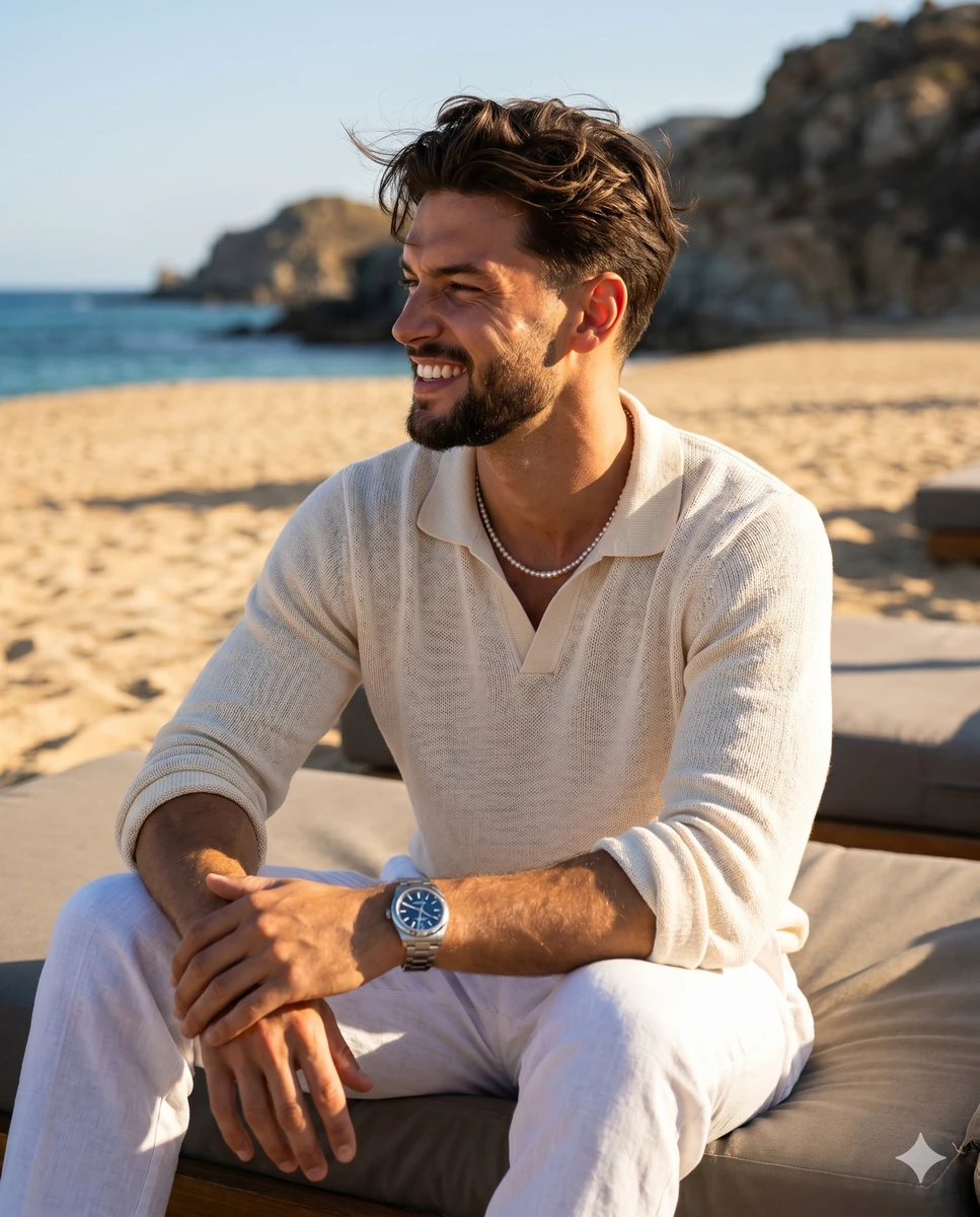 A handsome young adult male exudes carefree summer energy sitting slightl...