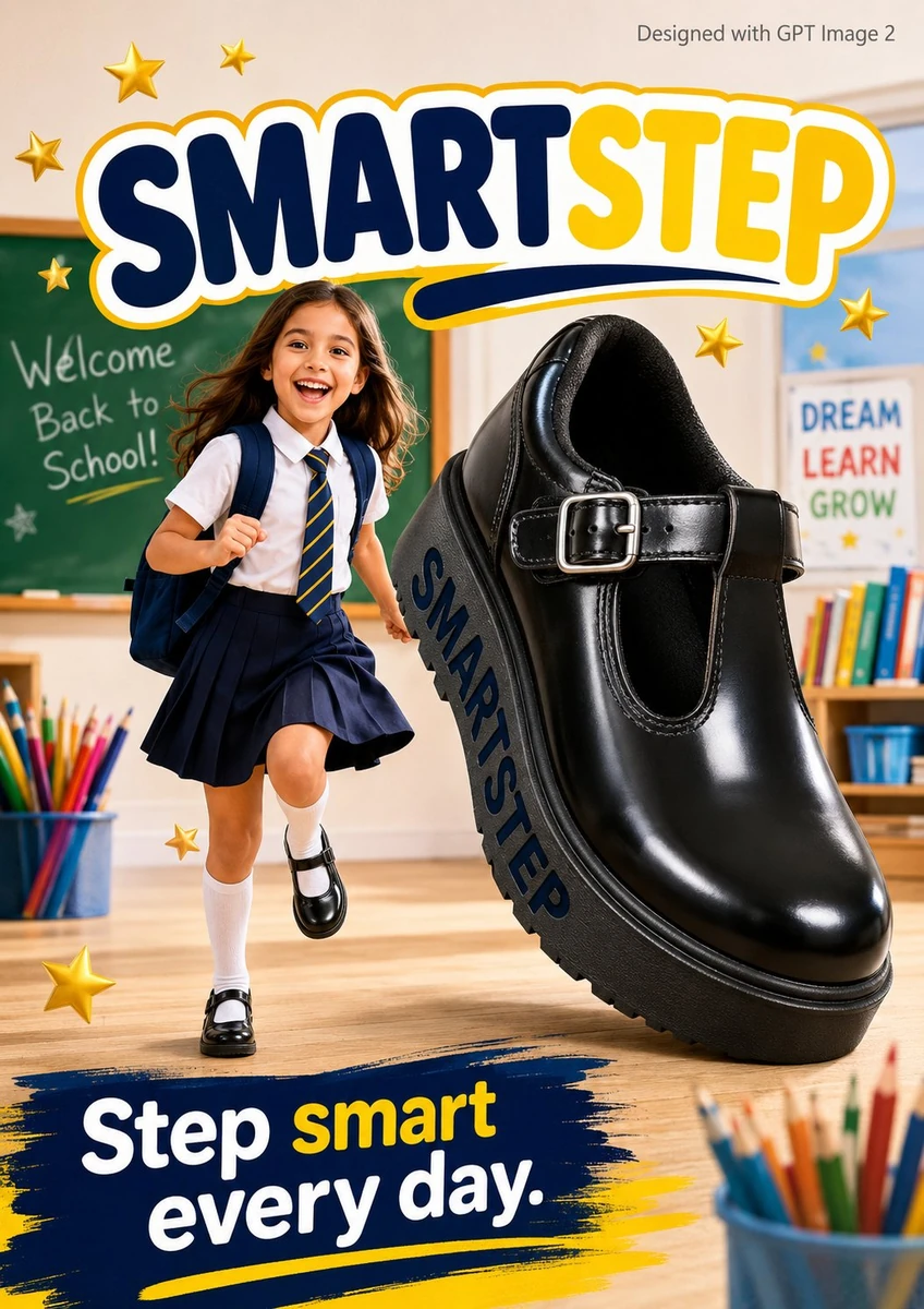 A bright back to school advertisement poster. An excited young girl age 8...