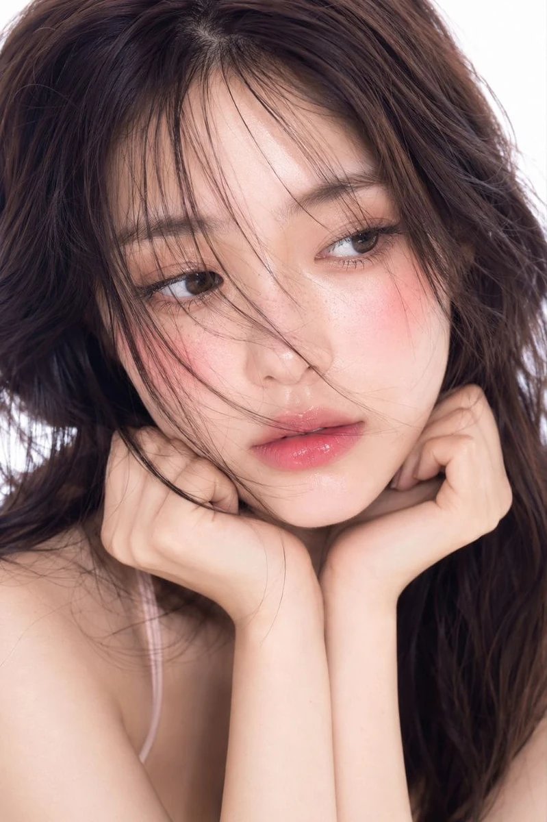 Ultra-realistic cinematic beauty portrait of a young Korean woman, soft d...