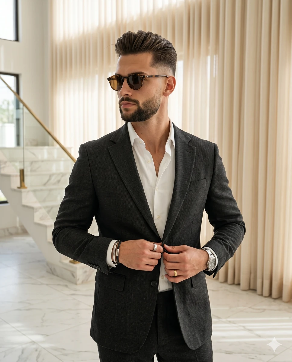 A confident male in his thirties stands deliberately posed with his body...