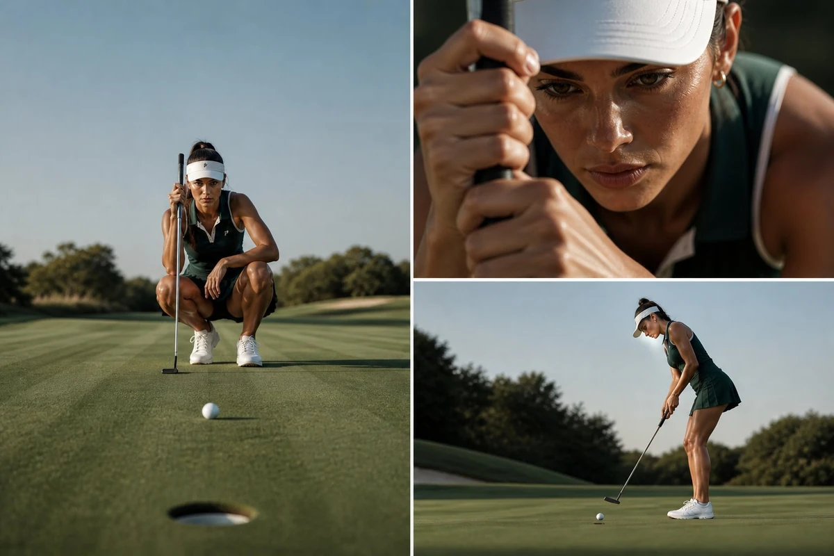 Three-image luxury golf editorial collage featuring a professional female...
