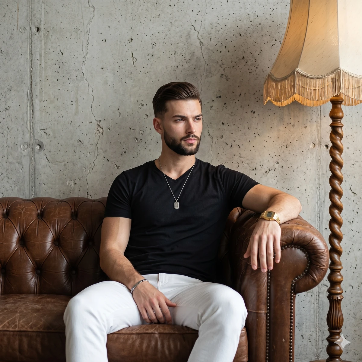 A young man with dark hair and a beard sits in the center of the frame, a...