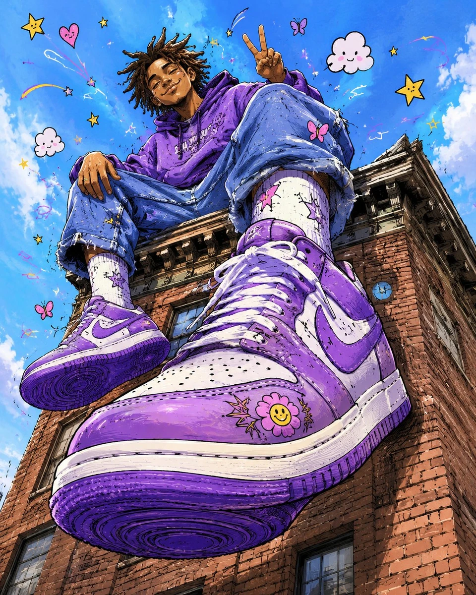 Illustrated sneaker campaign image, extreme low-angle wide-lens shot of a...