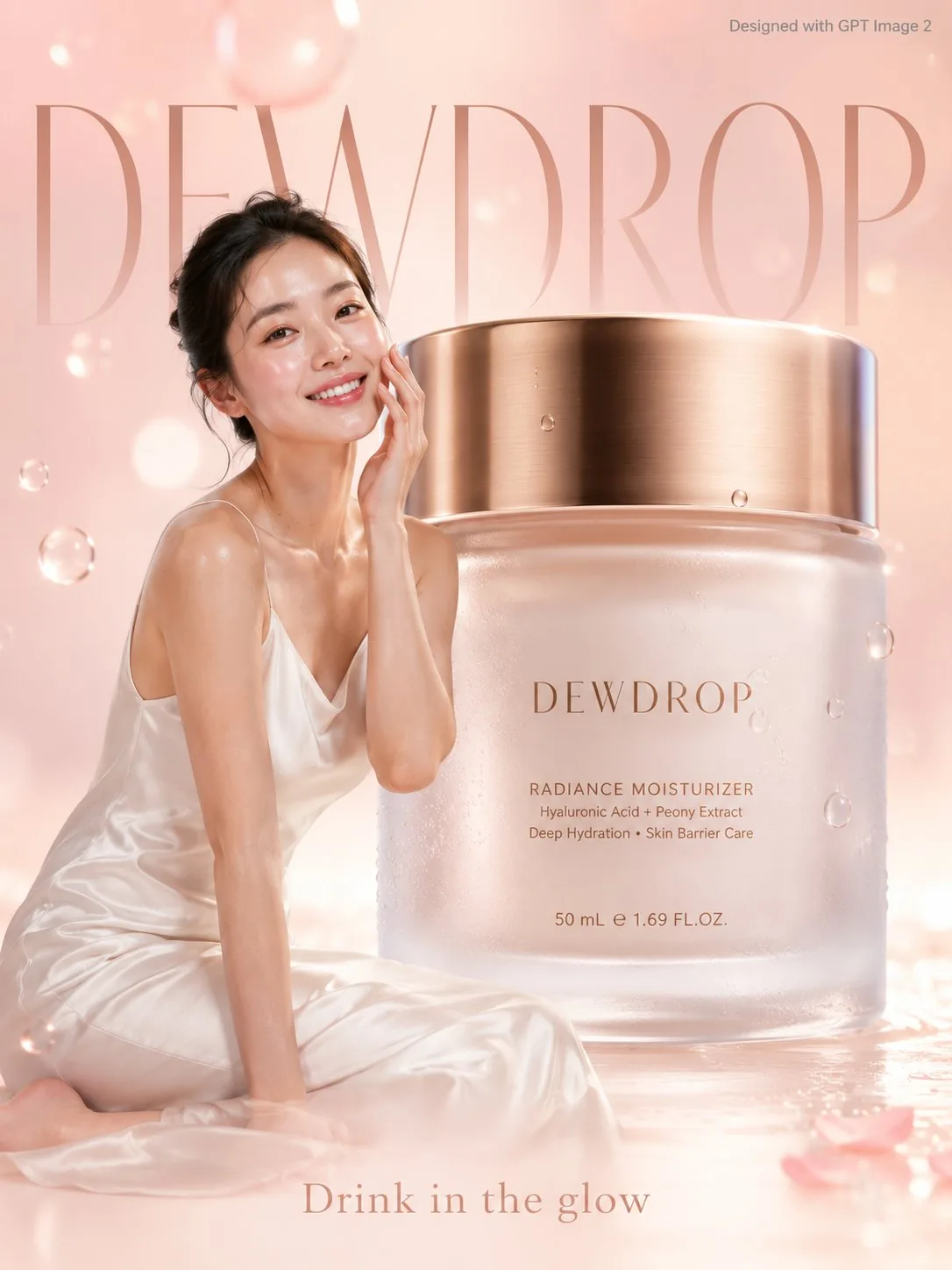 A soft premium skincare advertisement poster. A radiant young woman with...