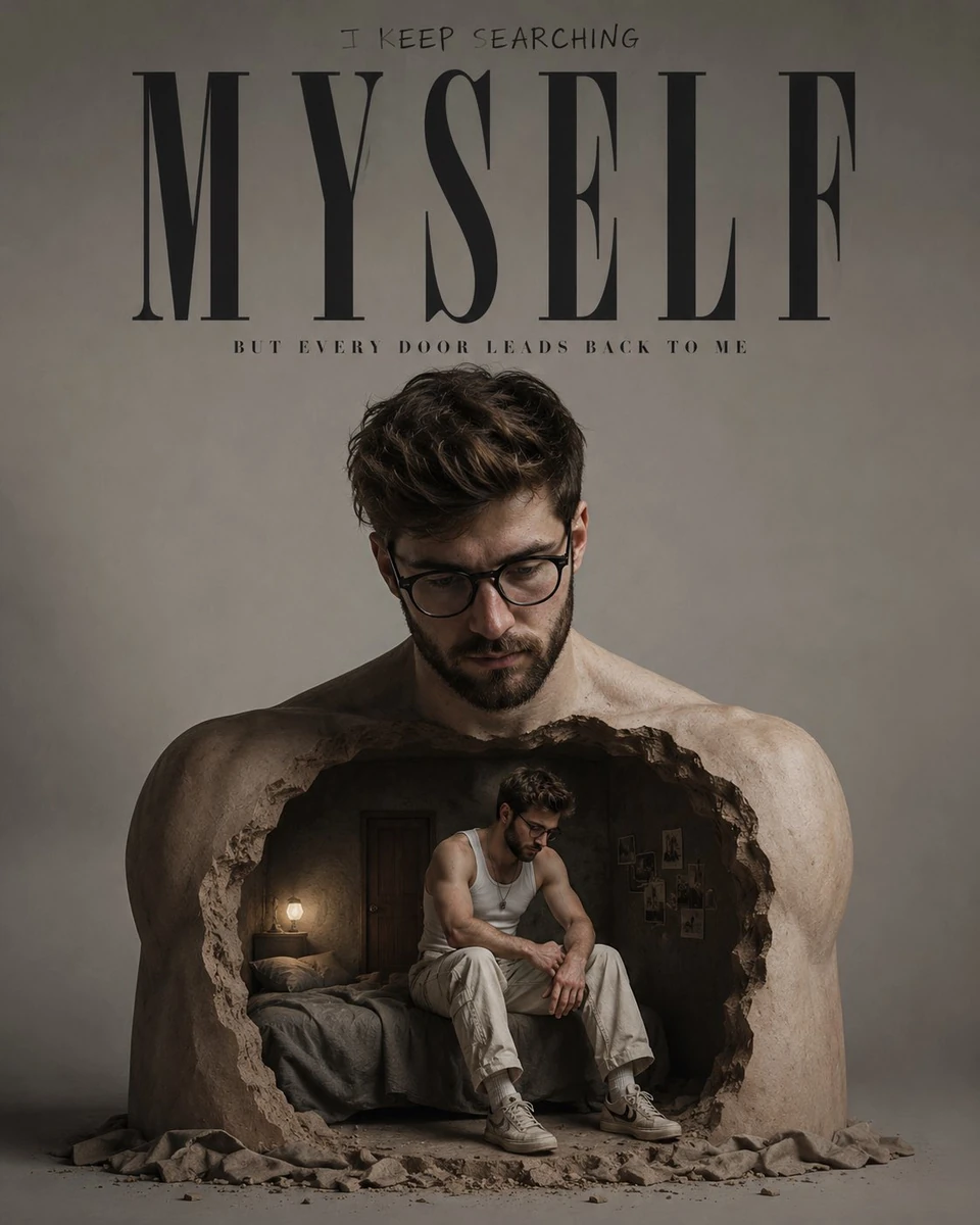 A hyper-realistic young man sitting inside the open cavity of a massive r...