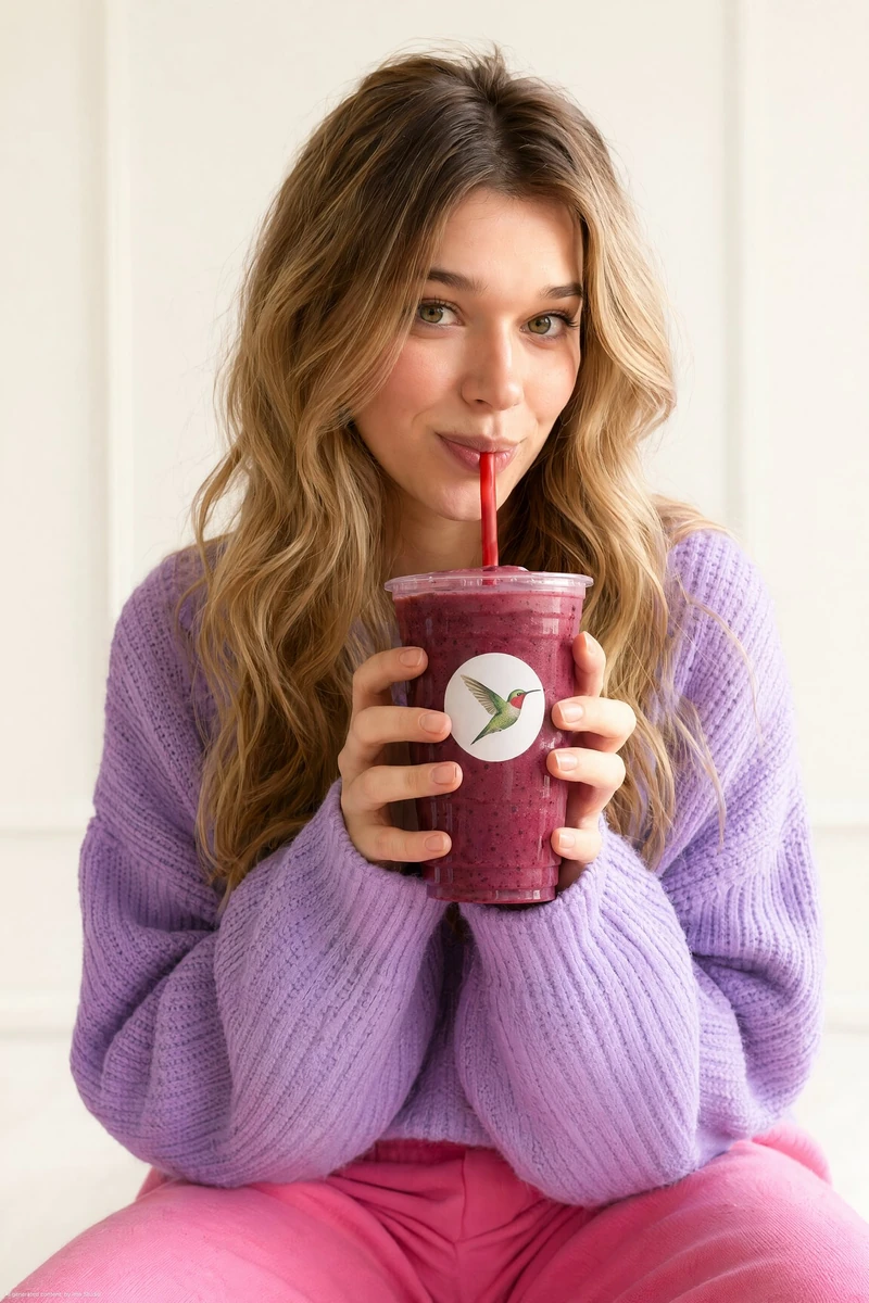A young woman with long wavy blonde hair and green eyes sipping a berry s...