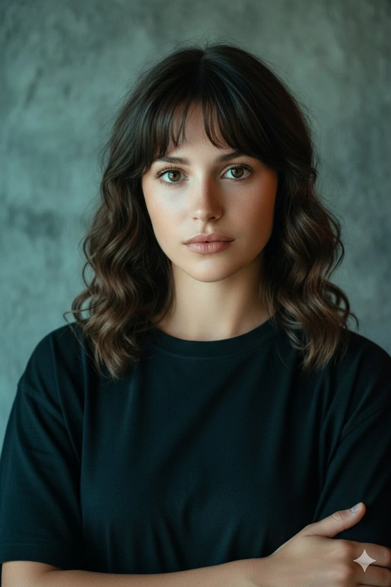A high-resolution cinematic portrait of a young woman with wavy, chocolat...
