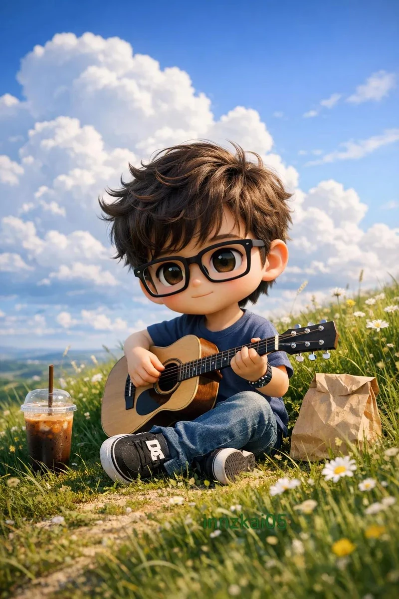 A cute chibi-style boy with big expressive eyes and messy brown hair sits...