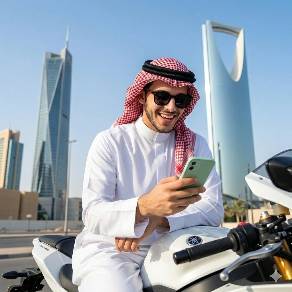 A stylish young saudi man in white thobe and red-checkered shemagh, holdi...