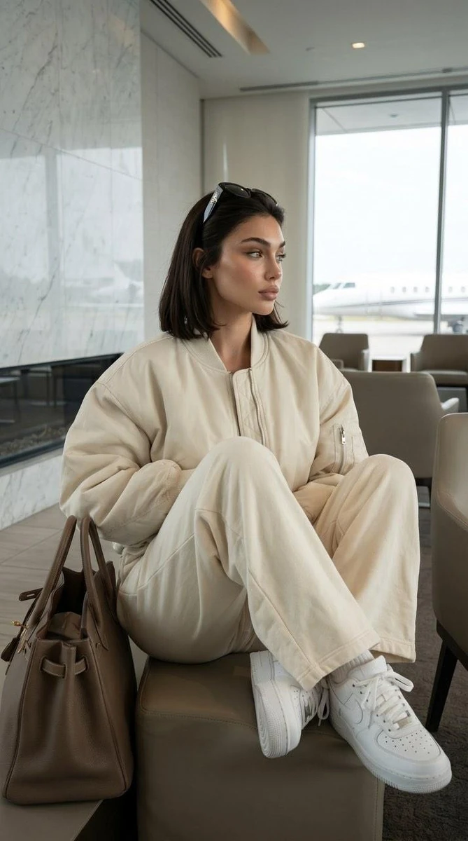 Beautiful woman waiting in a private terminal lounge. Oversized cream bom...