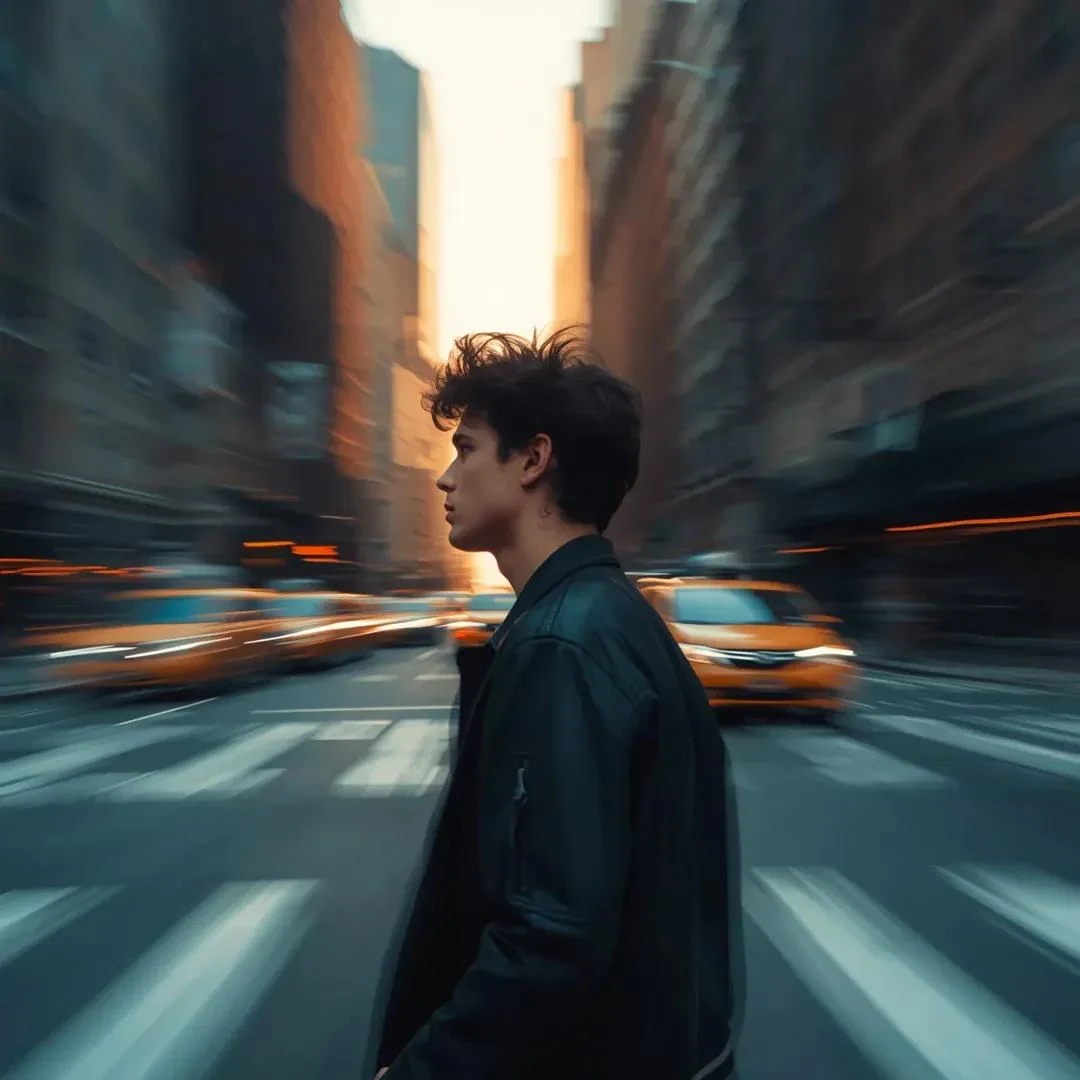 Artistic portrait photography of young man walking through New York City...