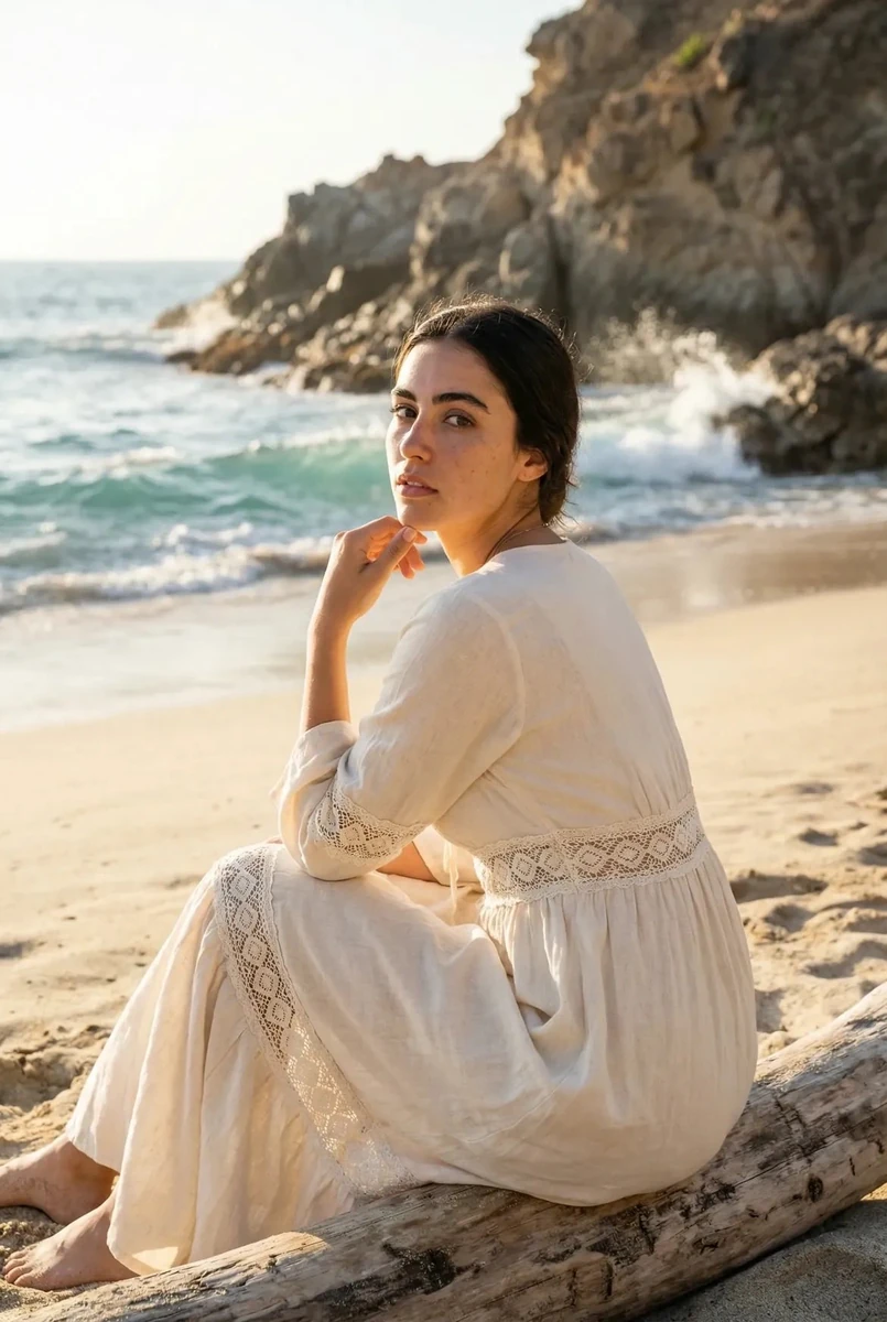 A soft, cinematic portrait of a young woman sitting on a driftwood log at...