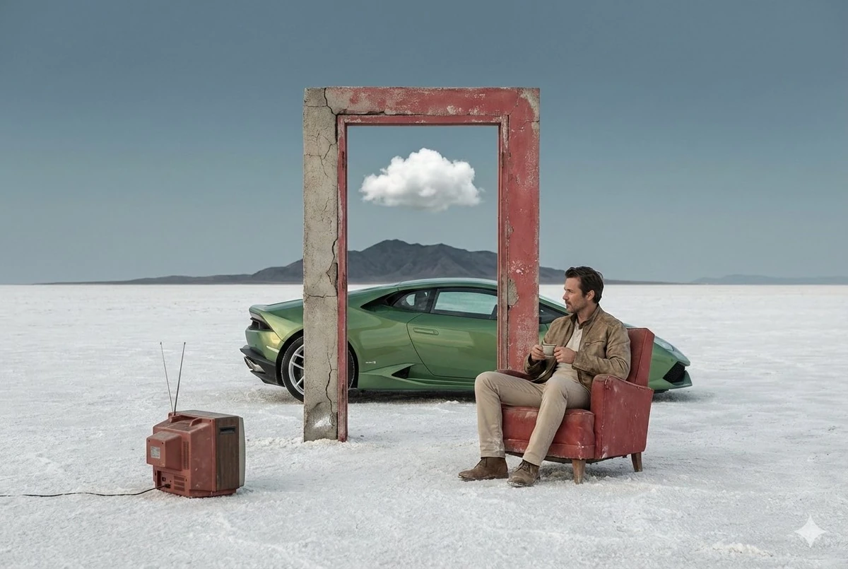 A surreal, ultra-realistic cinematic fine-art photograph. A calm, handsom...