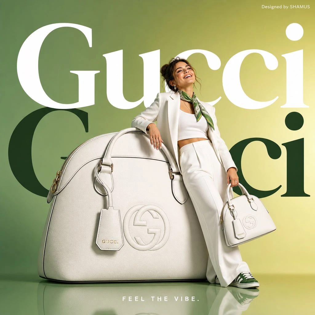 Minimalist commercial ad featuring oversized white GUCCI handbag, ultra-c...