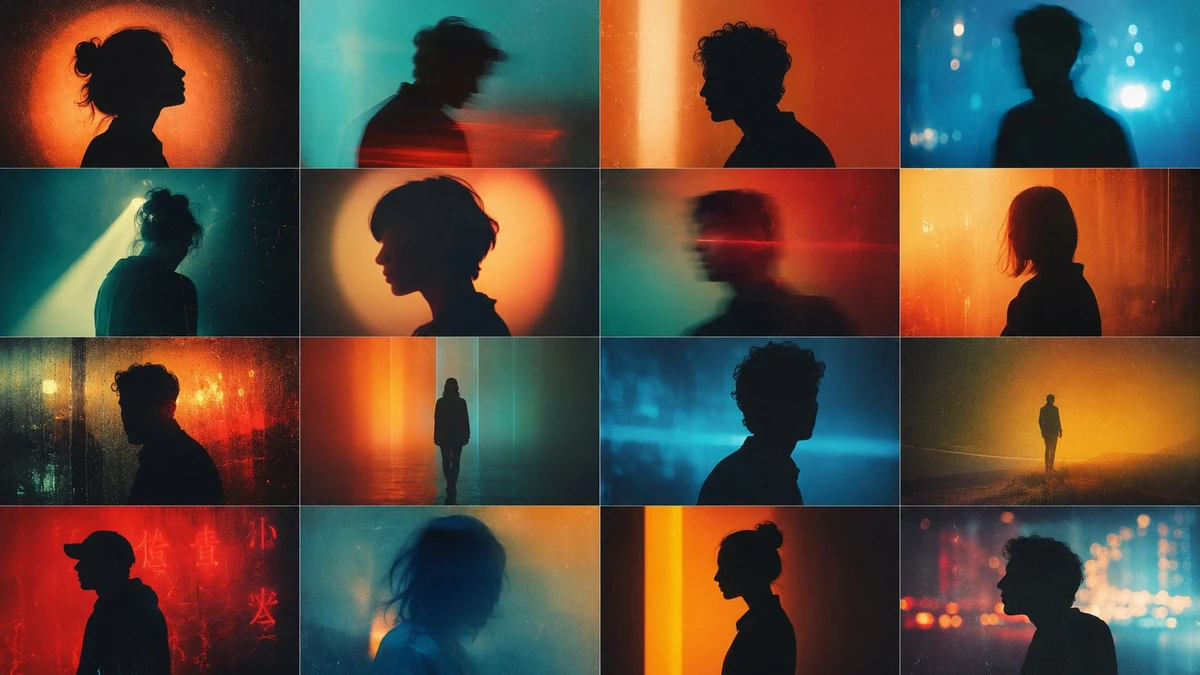 A cinematic grid of abstract human silhouettes in soft focus, featuring m...