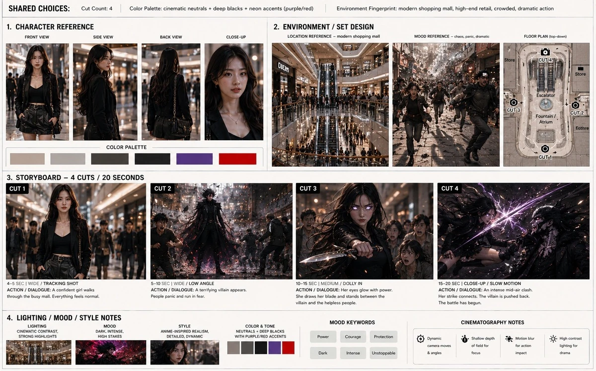 A cinematic storyboard panel showing a young East Asian woman in her mid-...