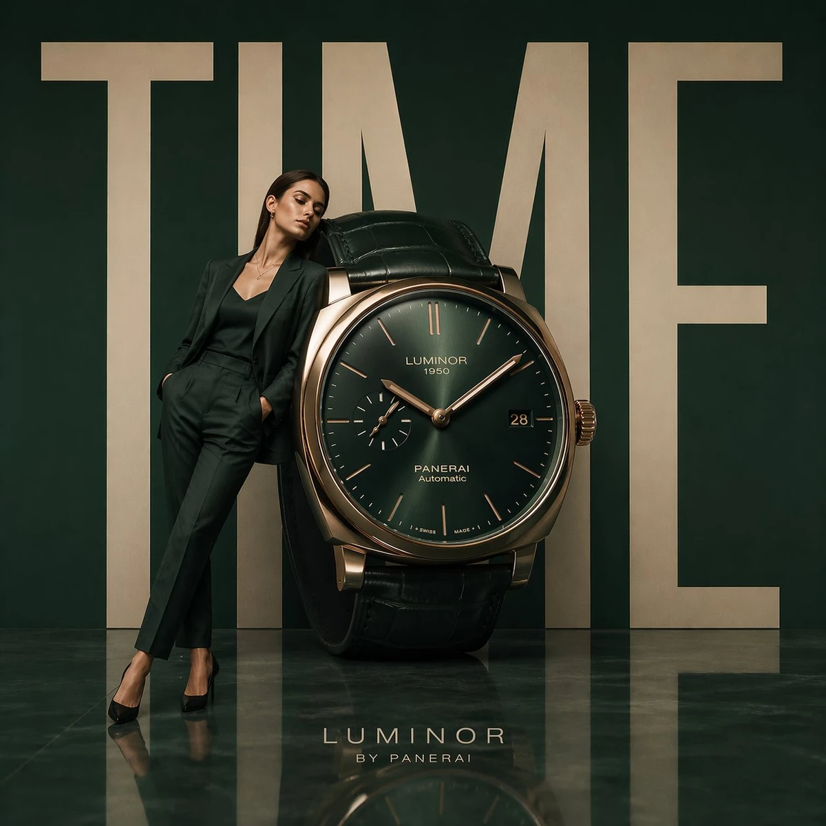 Minimalist luxury watch campaign, oversized wristwatch positioned like mo...