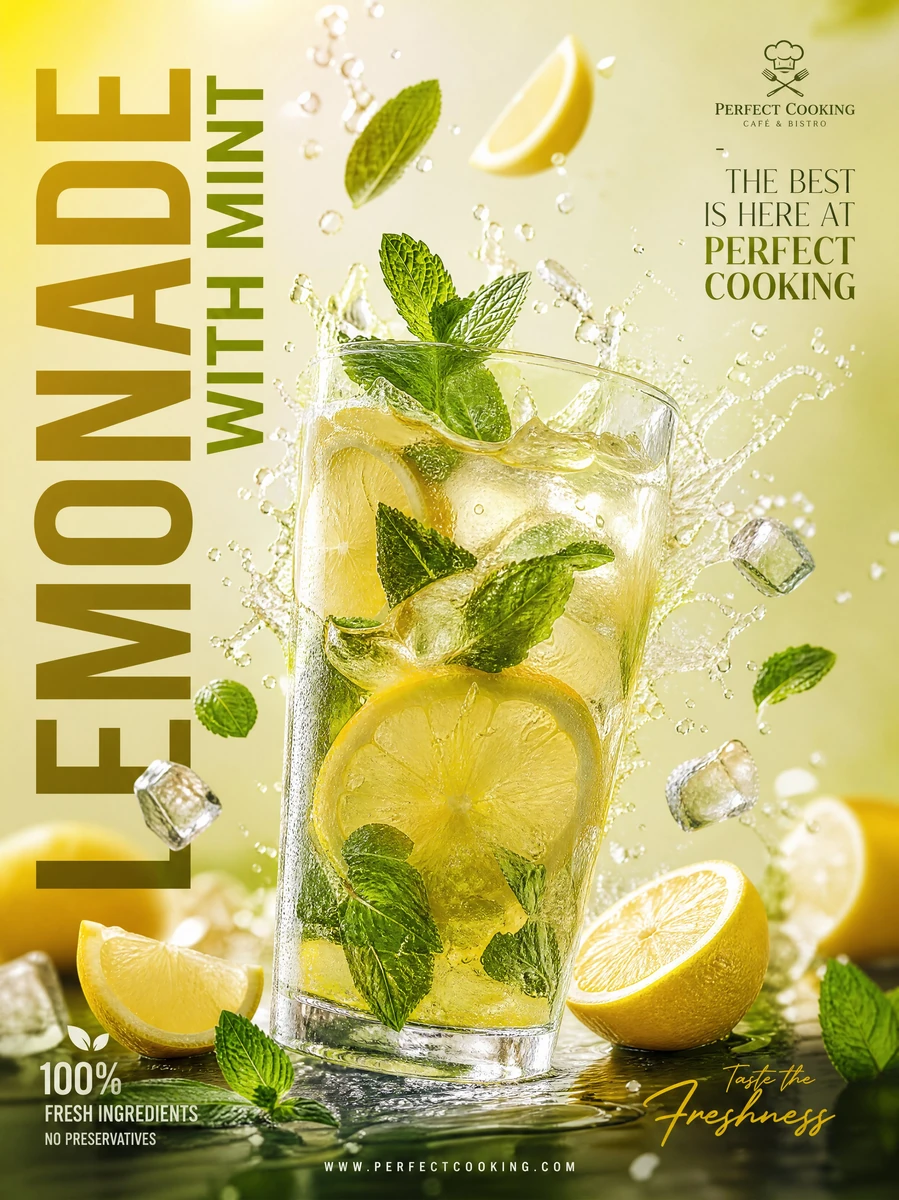 Ultra-realistic premium lemonade advertisement poster design, luxury mode...