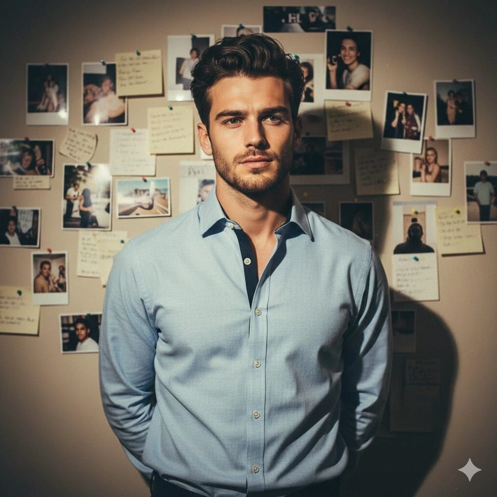A cinematic front-facing indoor portrait of a stylish young man standing...