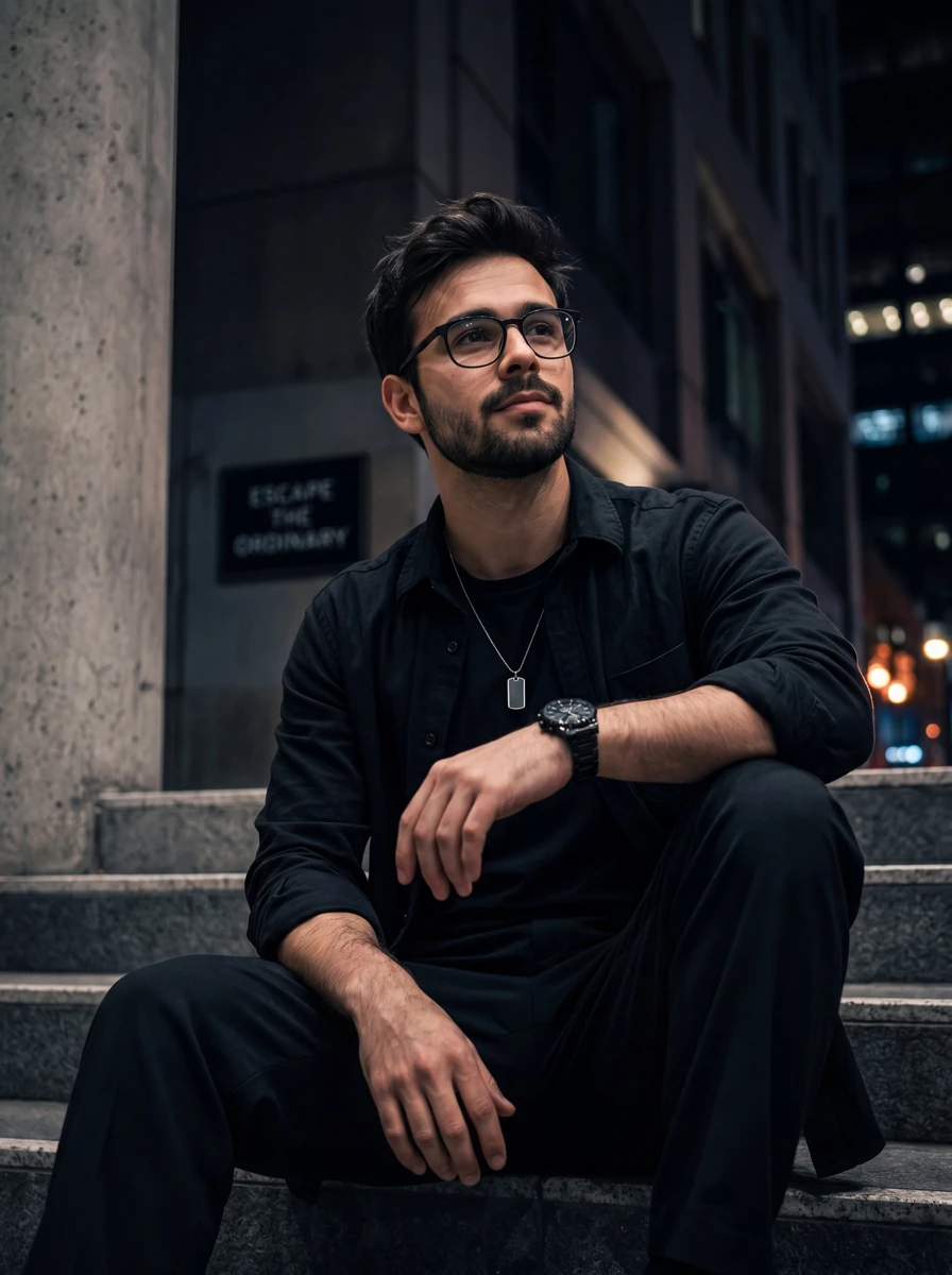 Ultra-realistic cinematic portrait of a young man wearing glasses sitting...