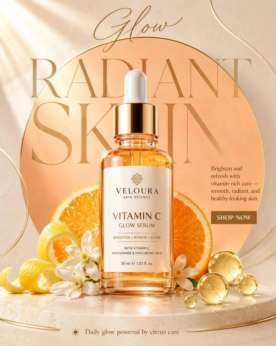 scene": "Luxury skincare product advertisement featuring a vitamin C seru...