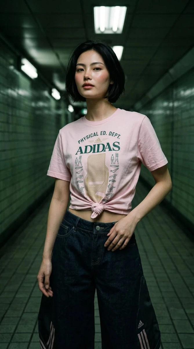 Ultra-realistic editorial fashion photography, cyber-urban streetwear cam...