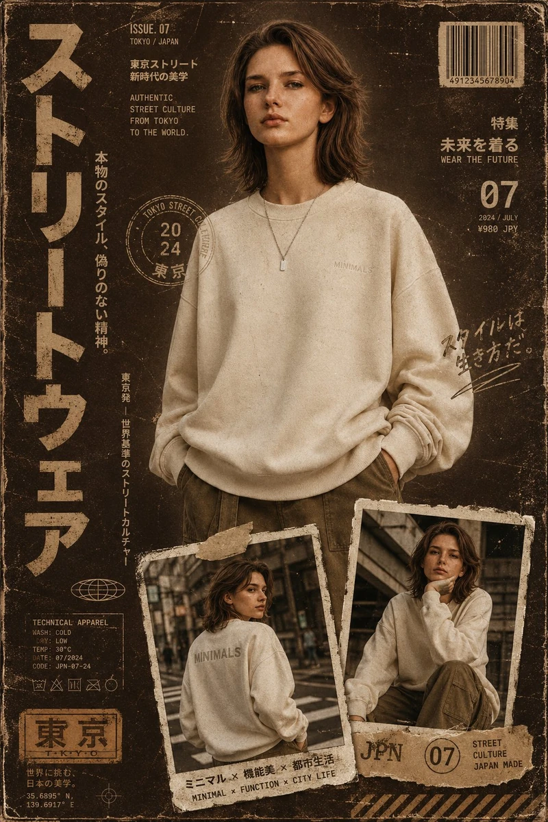 vertical streetwear magazine cover template, in a warm chocolate brown co...