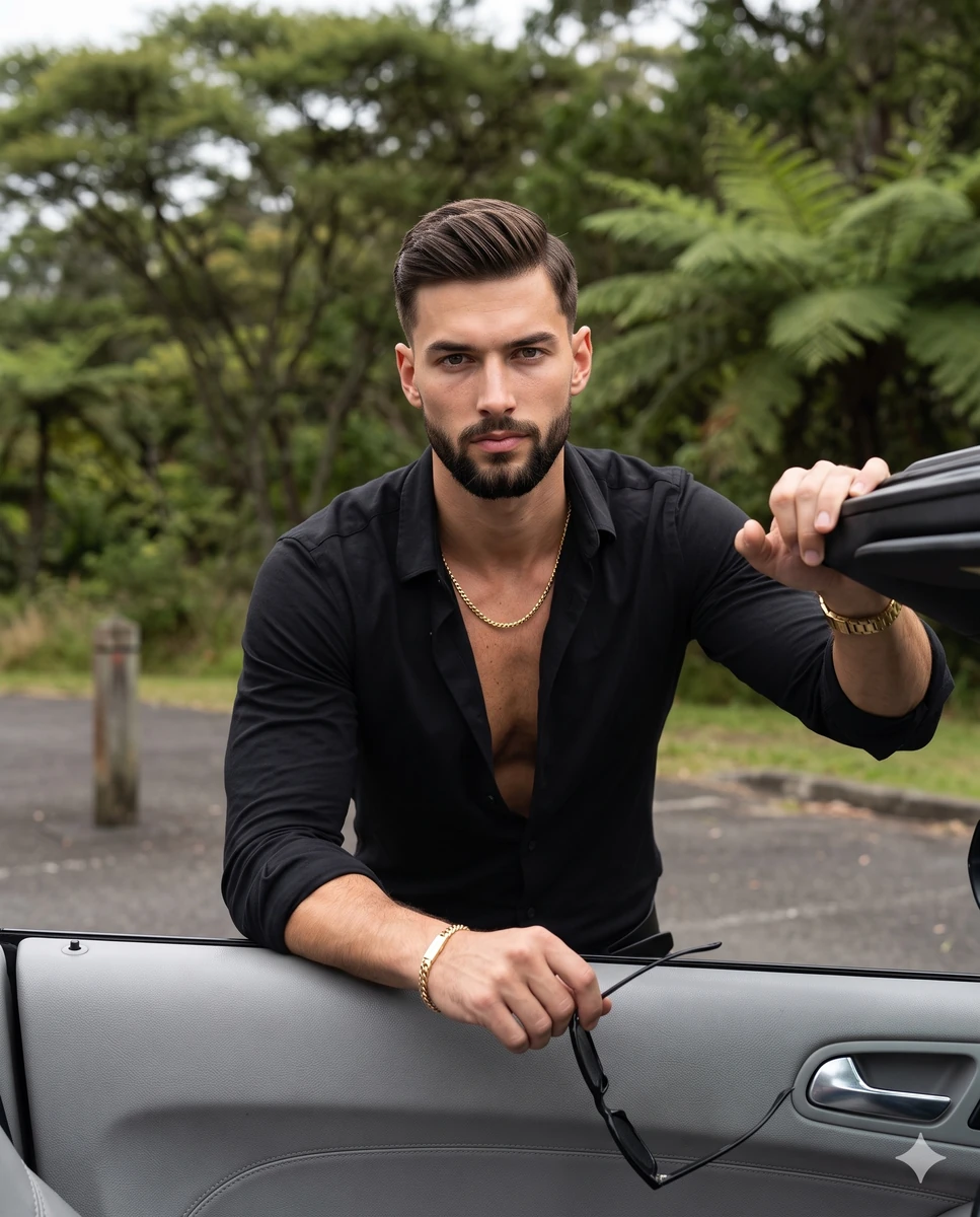 A confident, serious male model with warm tan skin stands centered in the...