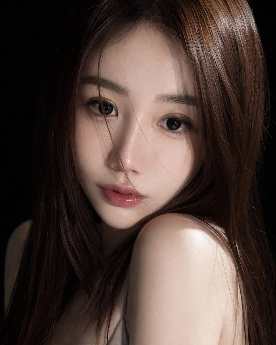Ultra-realistic close-up beauty portrait of a young East Asian woman, lon...