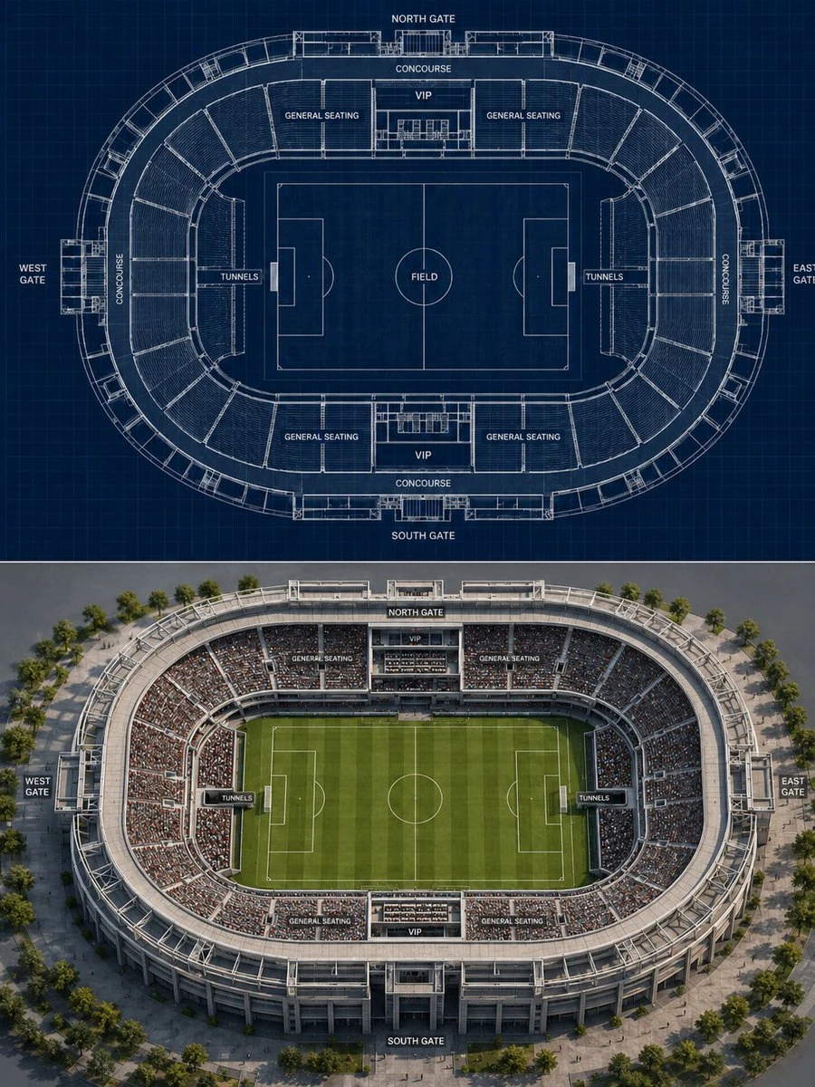 Blueprint vs 3D result of a football stadium.