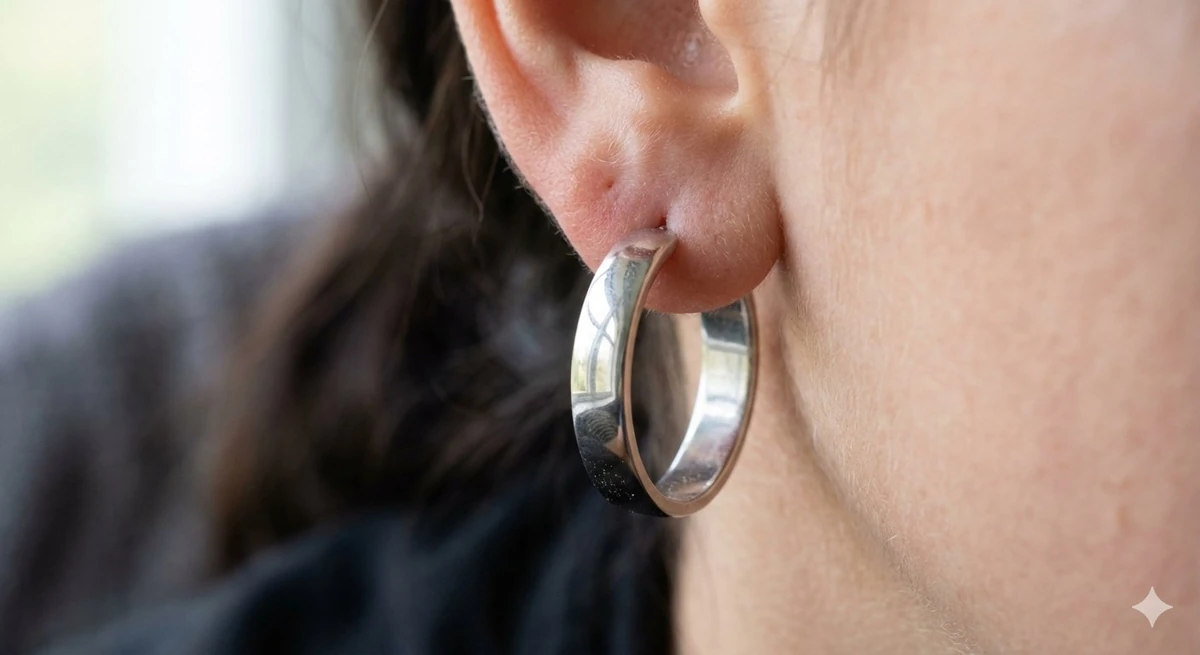 A realistic macro photograph of a woman’s ear wearing a circular metallic...