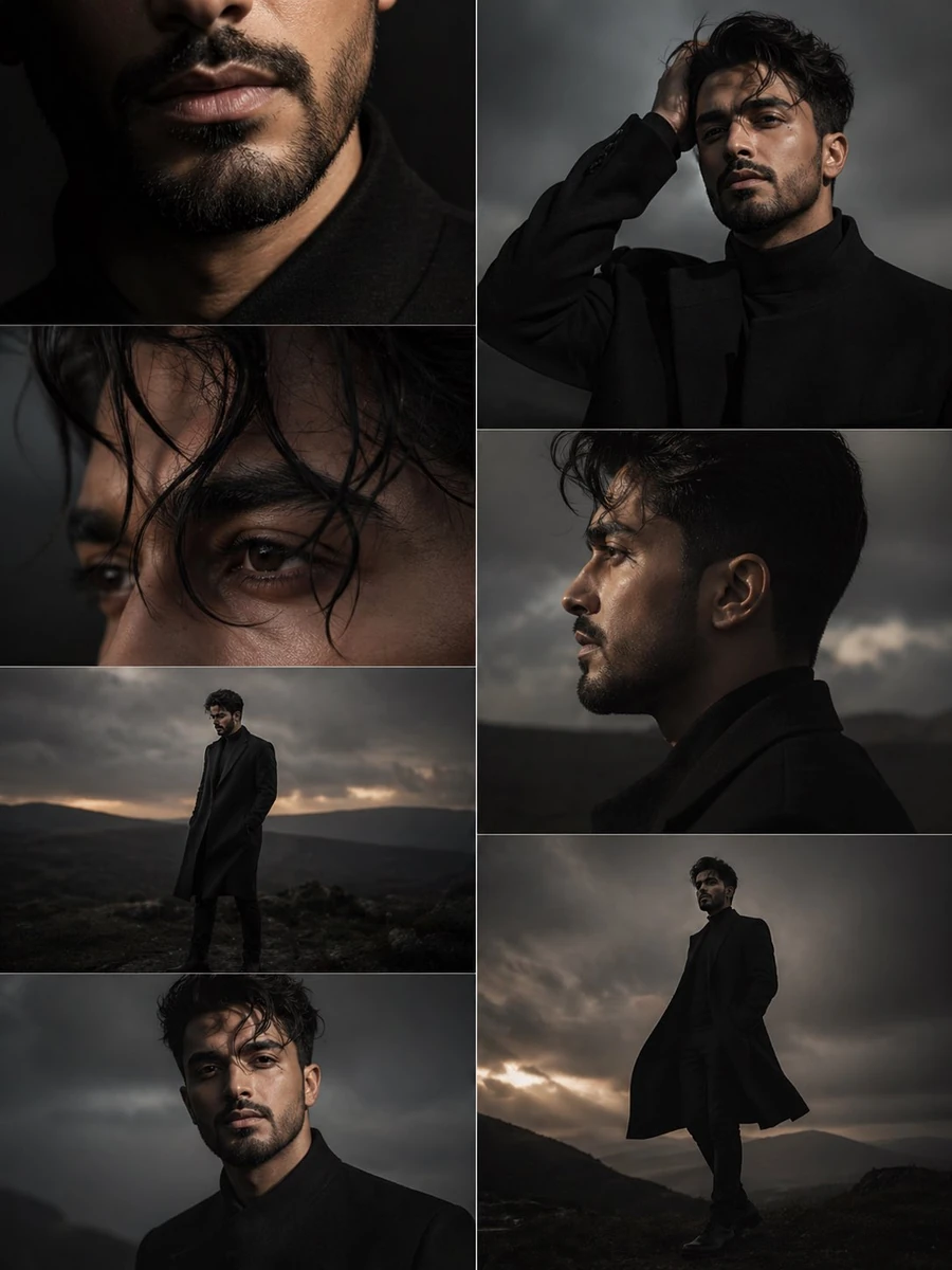 - Ultra-cinematic dark moody editorial portrait series of a mysterious yo...