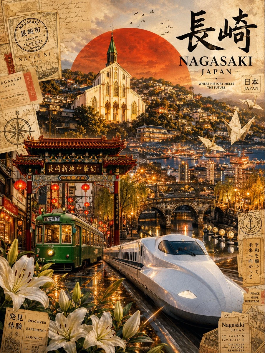 Ultra-viral cinematic travel poster of Nagasaki, Japan, designed for Pint...