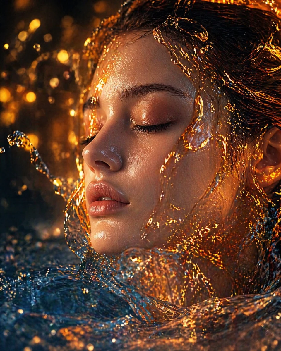 Ultra-detailed cinematic close-up of a woman's face in profile, eyes clos...