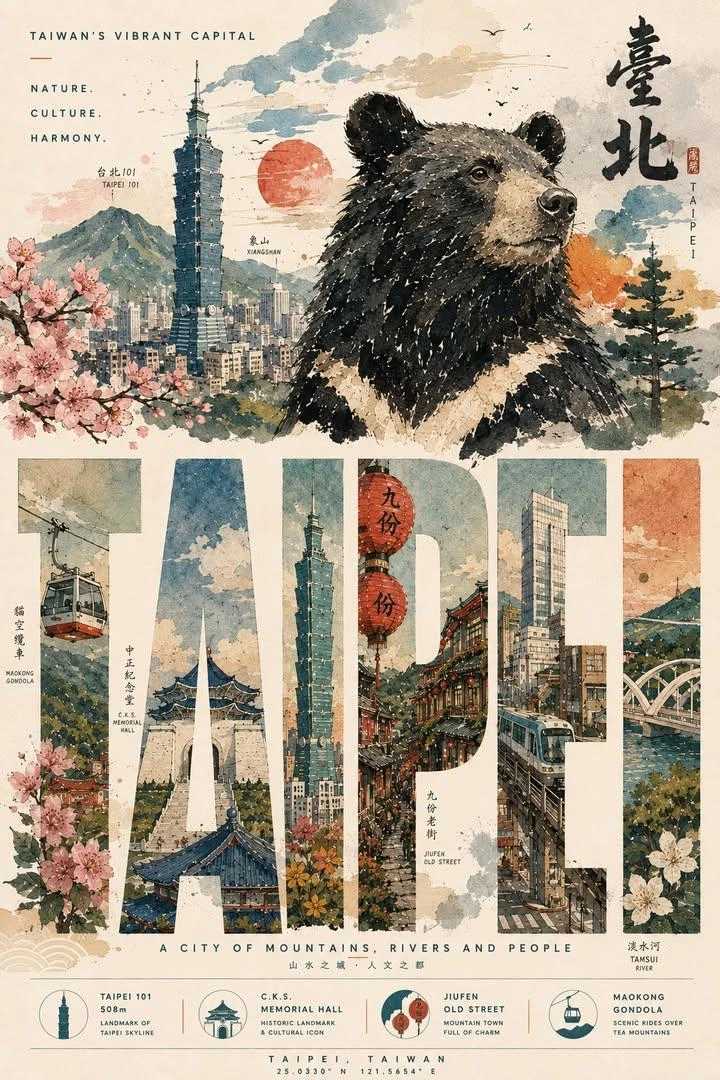 Watercolor and ink travel poster of Taipei, Taiwan with a vintage texture...