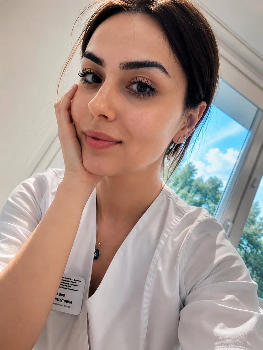 Ultra-realistic close-up selfie of a beautiful young woman with flawless...